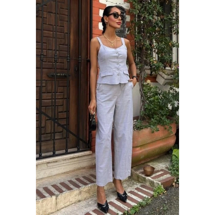 Kalın Askılı Bluz Pantolon Keten Takım 10187