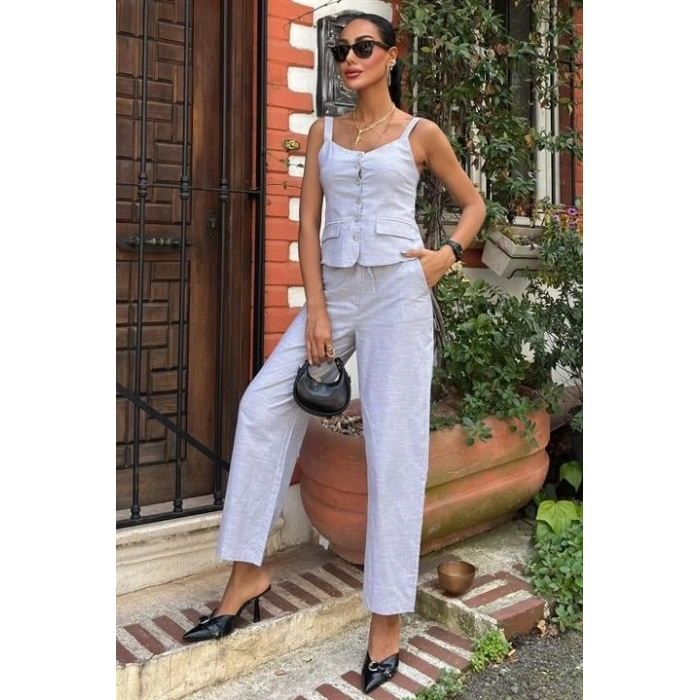 Kalın Askılı Bluz Pantolon Keten Takım 10187