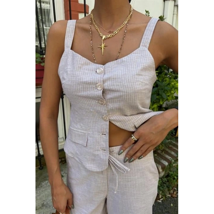 Kalın Askılı Bluz Pantolon Keten Takım 10187