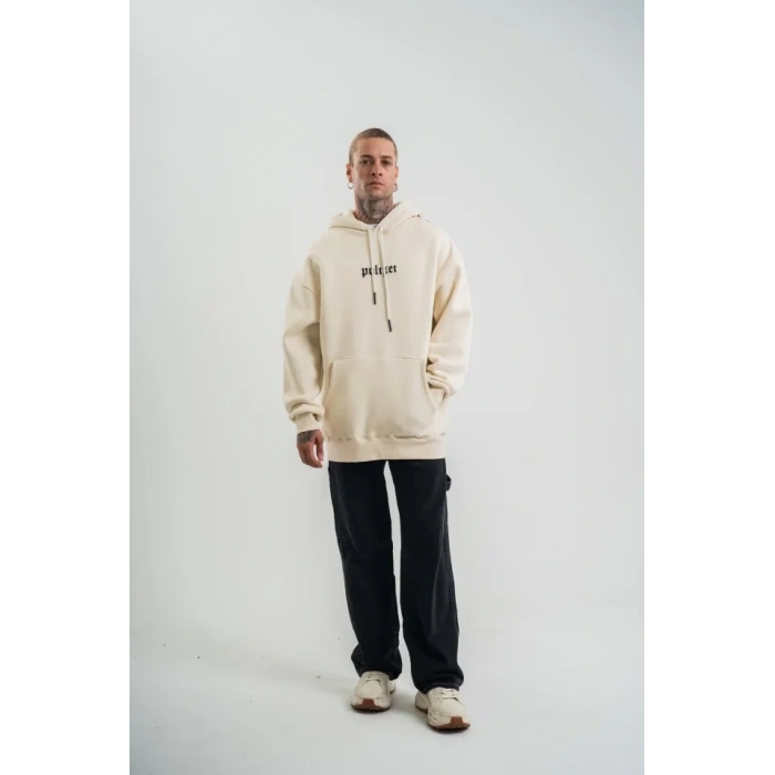 Kapşonlu Double Oversize Dijital Patchli weathirt  Krem