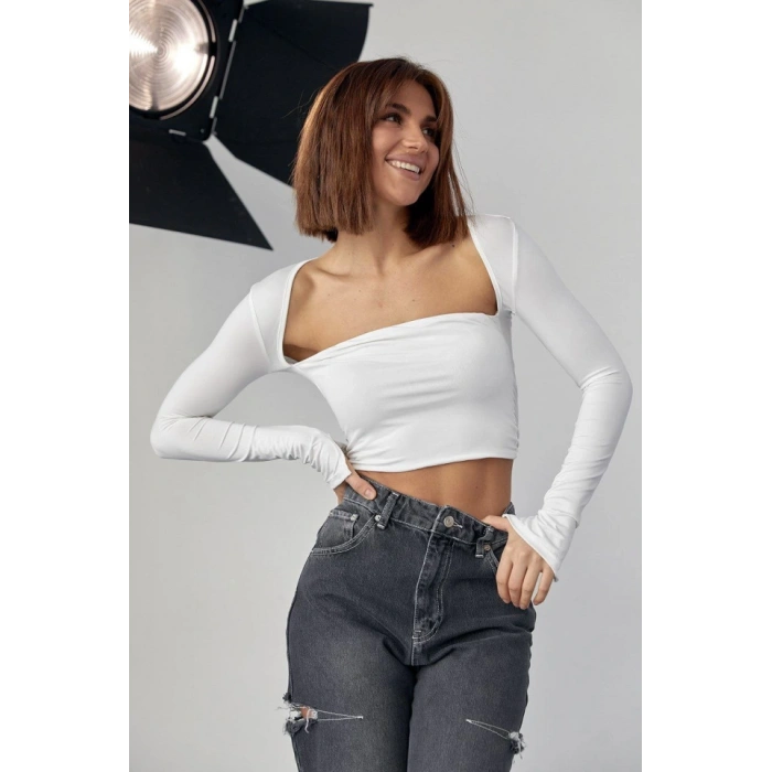 Kara Yaka Uzun Kollu Crop  Beyaz