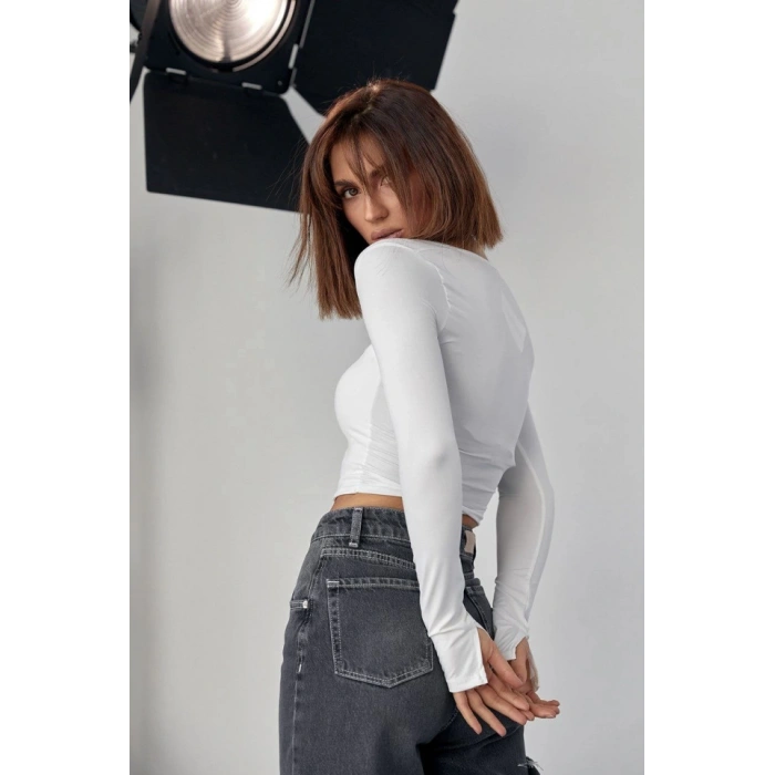 Kara Yaka Uzun Kollu Crop  Beyaz