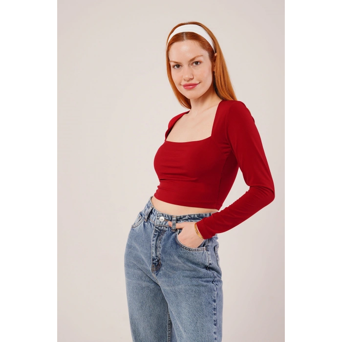 Kare Yaka Basic Bordo Bluz