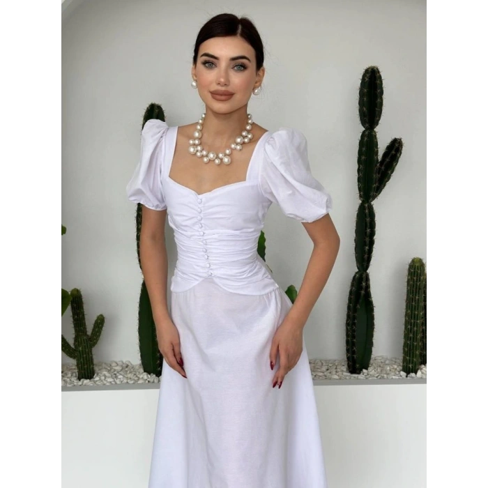 Kare Yaka Düğmeli Elbise