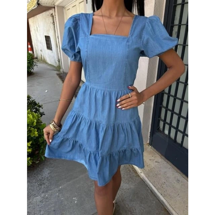 Kare Yakalı Ve Gipe Detaylı Tensel Elbise 2883