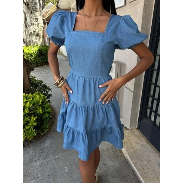 Kare Yakalı Ve Gipe Detaylı Tensel Elbise 2883