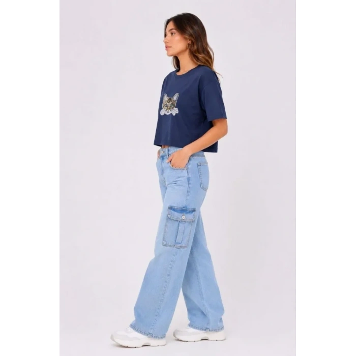 Kedi Baskılı Oversize Crop Tişört alaş Basic Yarım Kol Tshirt  acivert