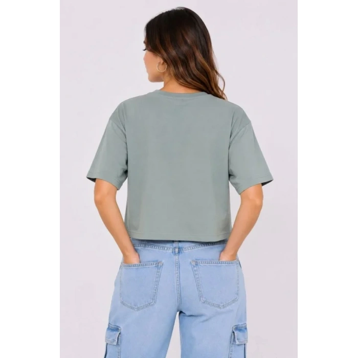 Kedi Baskılı Oversize Crop Tişört alaş Basic Yarım Kol Tshirt  int Yeşili
