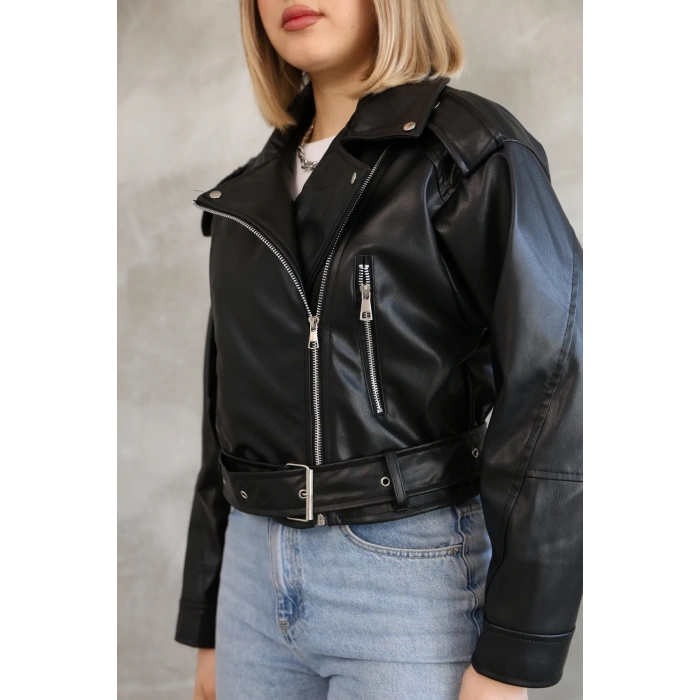 Kemerli Crop Deri Oversize Kadın Yeni Sezon Ceket