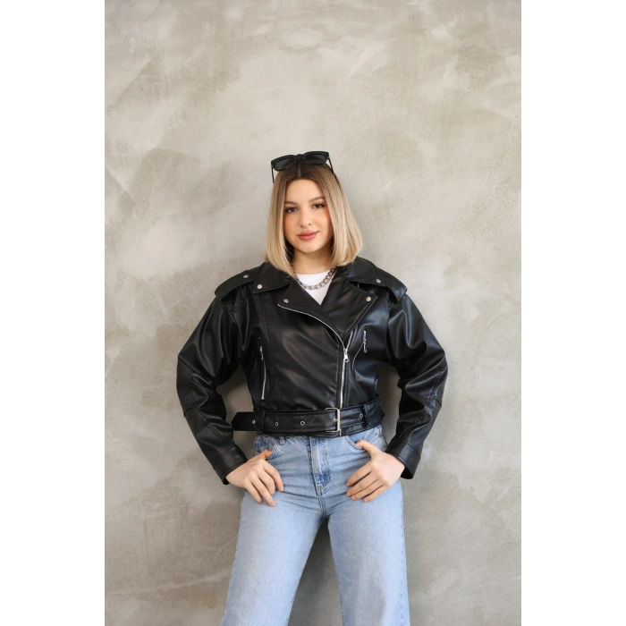 Kemerli Crop Deri Oversize Kadın Yeni Sezon Ceket