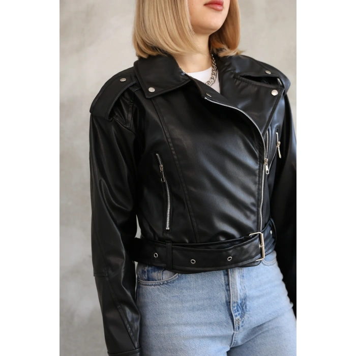 Kemerli Crop Deri Oversize Kadın Yeni Sezon Ceket