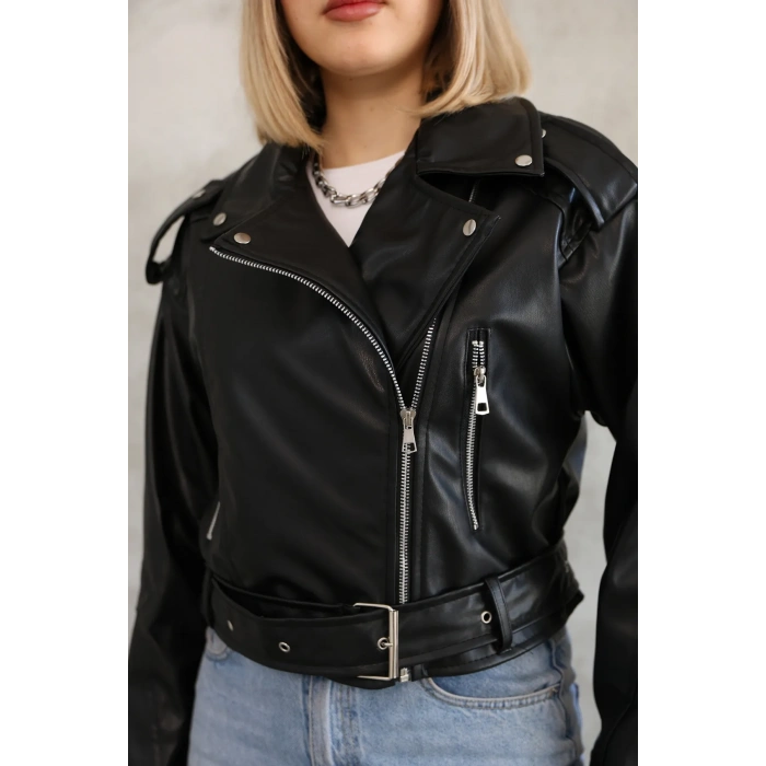 Kemerli Crop Deri Oversize Kadın Yeni Sezon Ceket