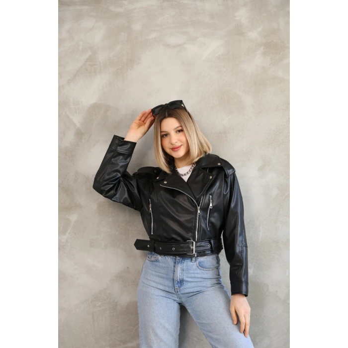 Kemerli Crop Deri Oversize Kadın Yeni Sezon Ceket