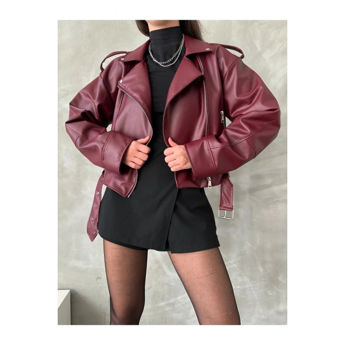 Kemerli Crop Oversize Kadın Yeni Sezon Deri Ceket