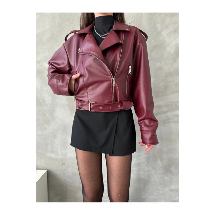 Kemerli Crop Oversize Kadın Yeni Sezon Deri Ceket
