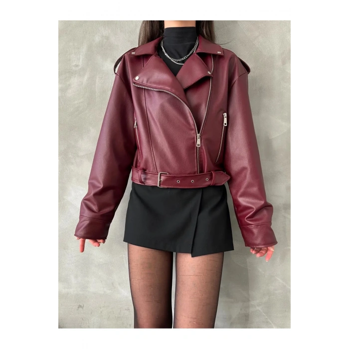 Kemerli Crop Oversize Kadın Yeni Sezon Deri Ceket