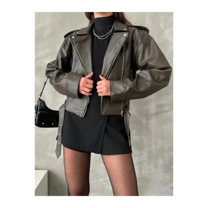 Kemerli Kadın Deri Ceket Yeni Sezon Oversize