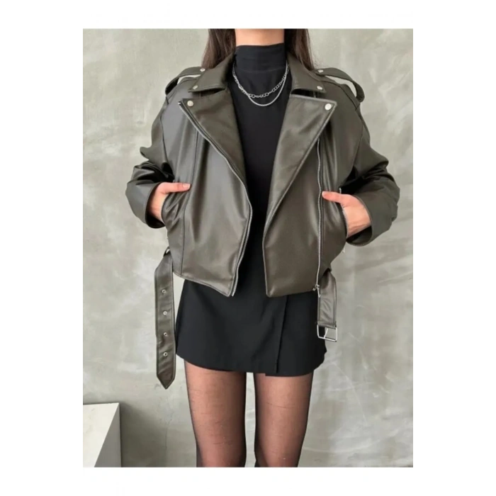 Kemerli Kadın Deri Ceket Yeni Sezon Oversize