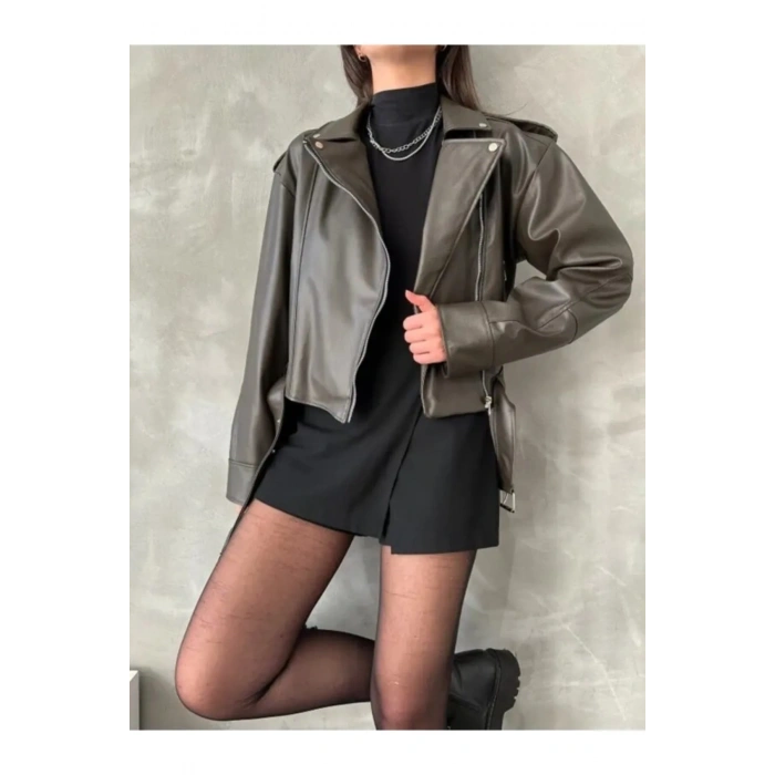 Kemerli Kadın Deri Ceket Yeni Sezon Oversize