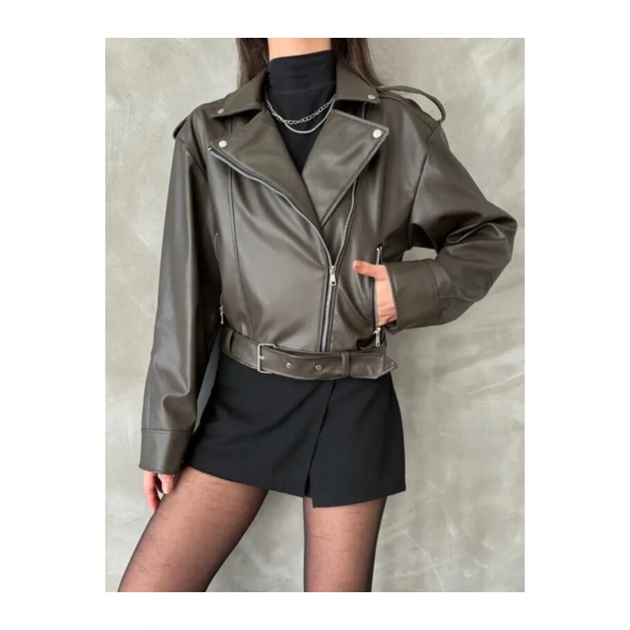 Kemerli Kadın Deri Ceket Yeni Sezon Oversize