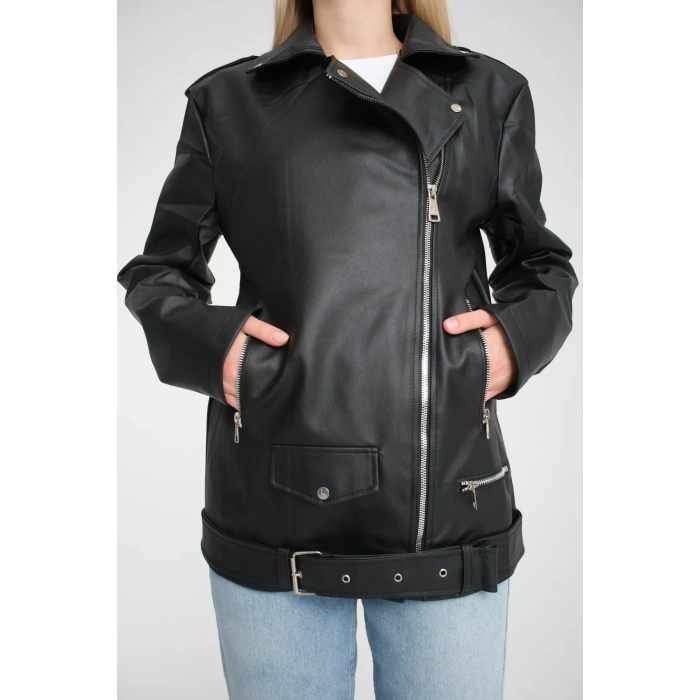 Kemerli Oversize Uzun Kadın Deri Ceket