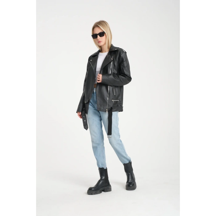 Kemerli Oversize Uzun Kadın Deri Ceket