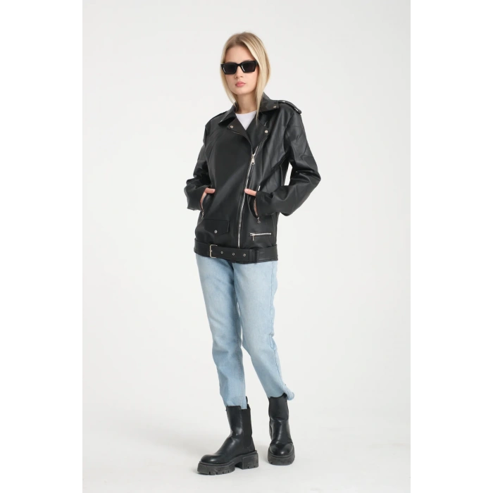 Kemerli Oversize Uzun Kadın Deri Ceket