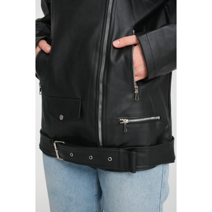 Kemerli Oversize Uzun Kadın Deri Ceket