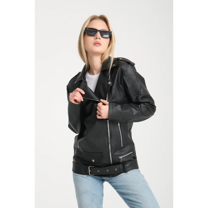 Kemerli Oversize Uzun Kadın Deri Ceket