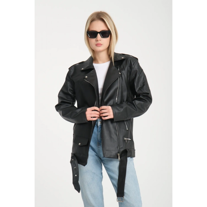 Kemerli Oversize Uzun Kadın Deri Ceket