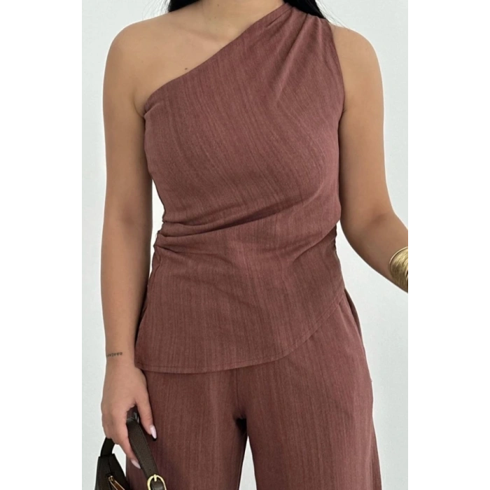 Keten Asimetrik Tek Omuzlu Bluz Pantalon Takım Bordo