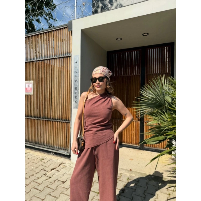 Keten Asimetrik Tek Omuzlu Bluz Pantalon Takım Bordo