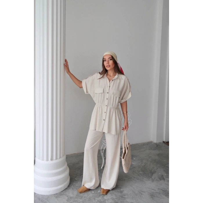 KETEN BEDEN BÜZGÜ DETAYI GÖEK  PANTOON TAKI  Taş