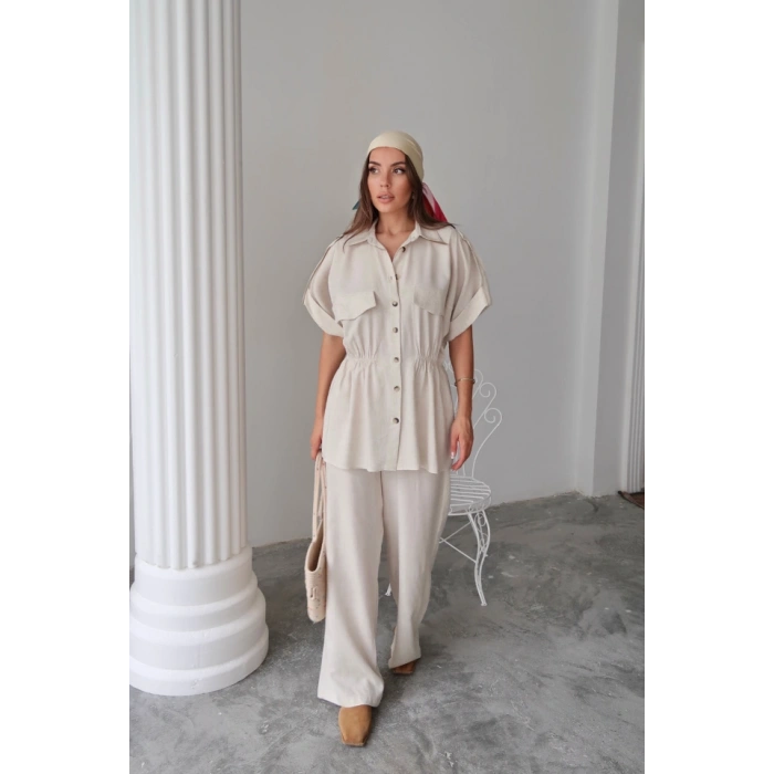 KETEN BEDEN BÜZGÜ DETAYI GÖEK  PANTOON TAKI  Taş