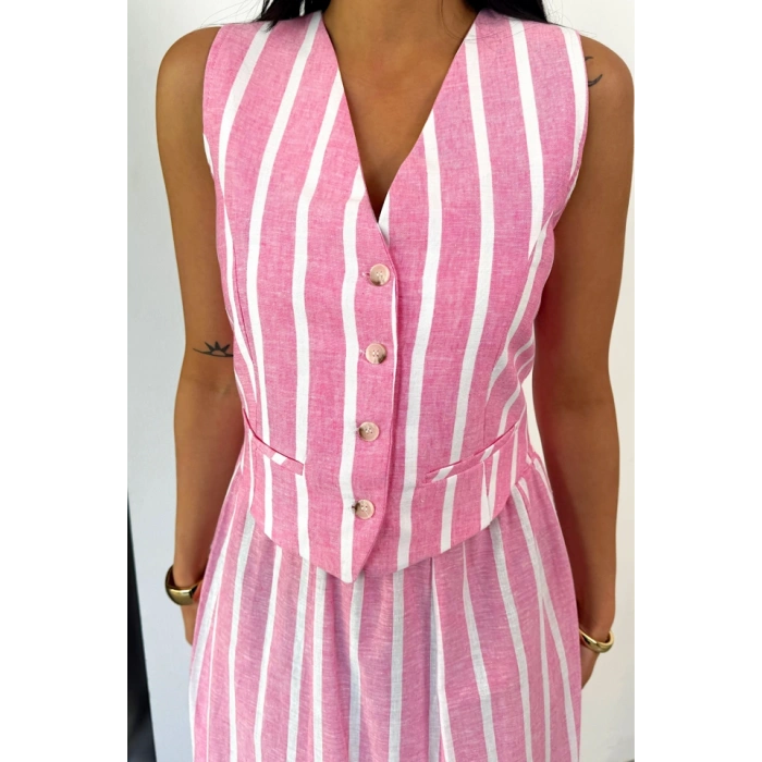 KETEN ÇİZGİLİ YELEK  UZUN ETEK TAKIM  Pembe