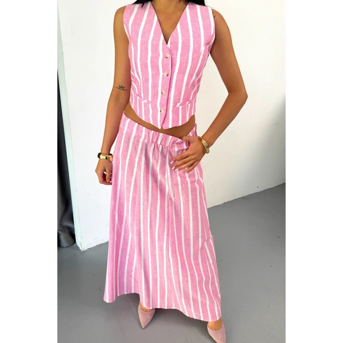 KETEN ÇİZGİLİ YELEK  UZUN ETEK TAKIM  Pembe