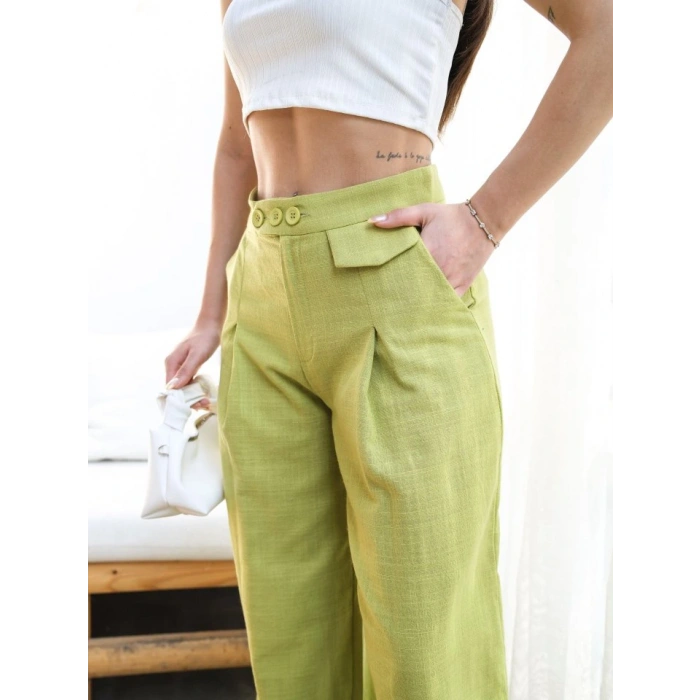 Keten Düğme Detayli Dökümlü Palazzo Pantolon