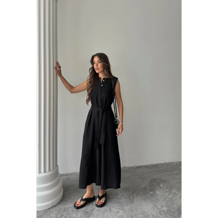 KETEN ELBİSE KOLSUZ BEL BAĞLAALI AXİ ELBİSE  Siyah