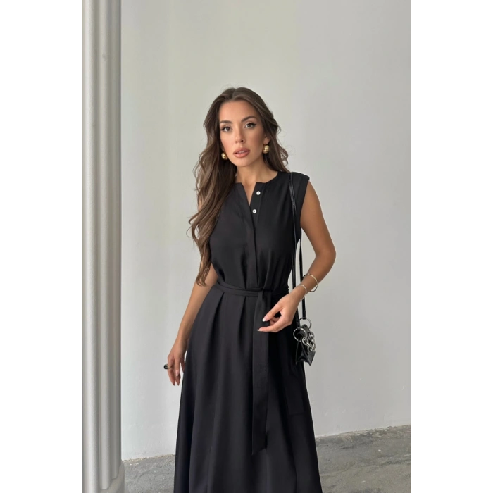 KETEN ELBİSE KOLSUZ BEL BAĞLAALI AXİ ELBİSE  Siyah