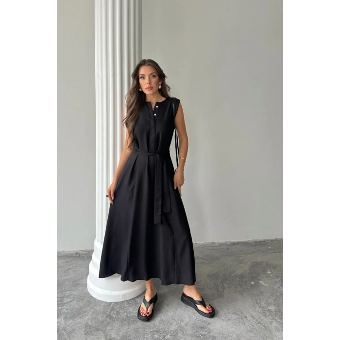KETEN ELBİSE KOLSUZ BEL BAĞLAALI AXİ ELBİSE  Siyah
