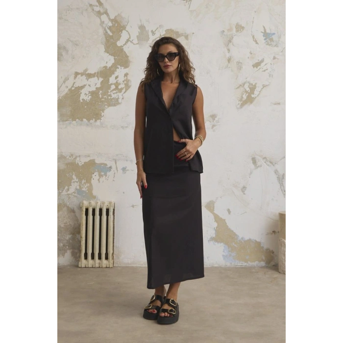 Keten Haki̇m Yaka Kolsuz Gömlek Etek Takim