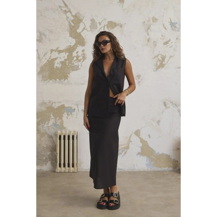 Keten Haki̇m Yaka Kolsuz Gömlek Etek Takim