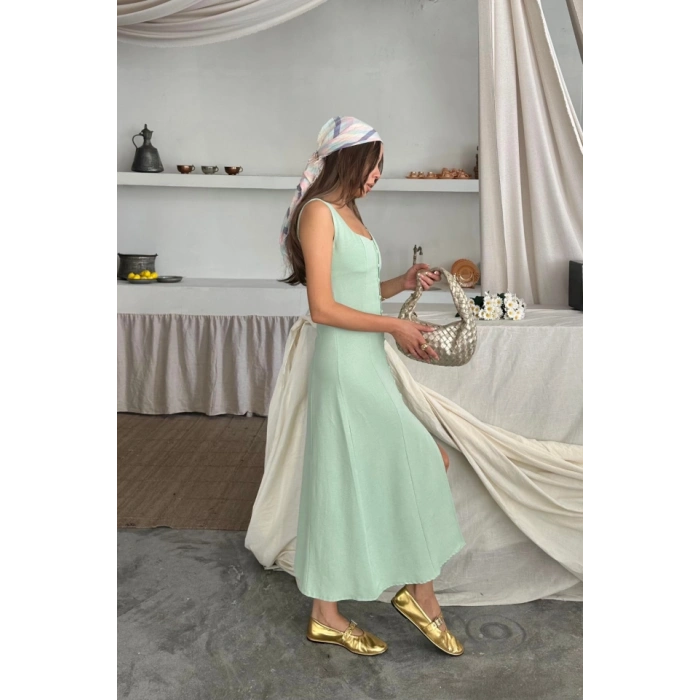 KETEN KOLUZ KARE YAKA DÜĞME DETAYLI ELBİE  Mint