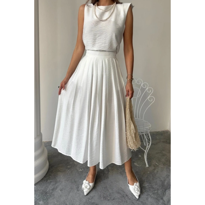 KETEN KOSUZ BUZ  MAXİ ETEK TAKIM  Beyaz