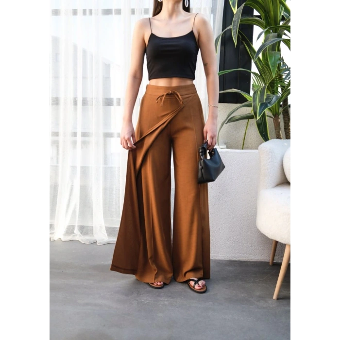 Keten Önü Çapraz Parçali asti̇kli̇ Ve Bağcikli Geni̇ş Paça Pantolon