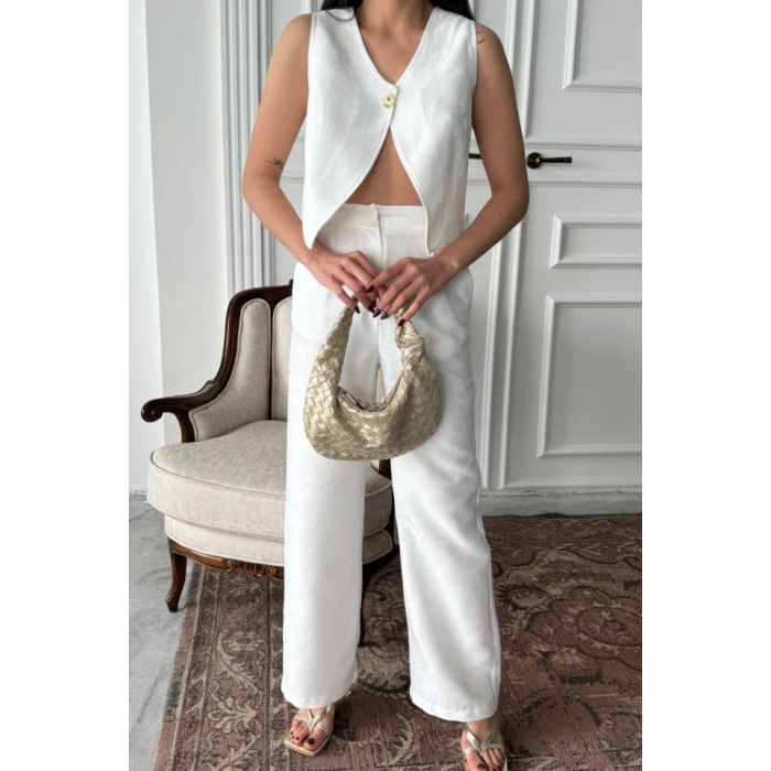 KETEN TEK DÜĞE YEEKPANTOON TAKI  Beyaz