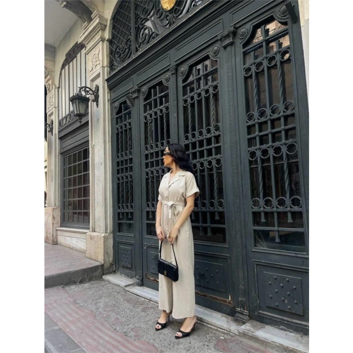 KETEN TULU BEL BAĞLAA DETAYLI  Krem