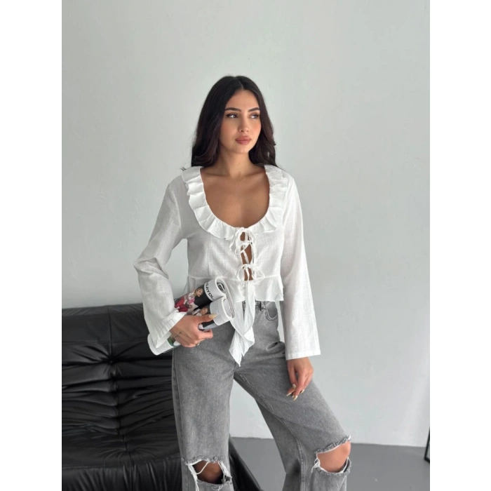 Keten Uzun Kol Bağacık Detaylı Bluz  Beyaz