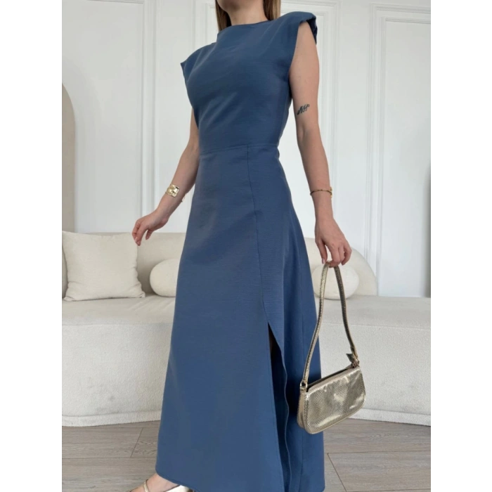 Keten Yandan Yırtmaçlı  Uzun ıfır Kolsuz Elbise  avi