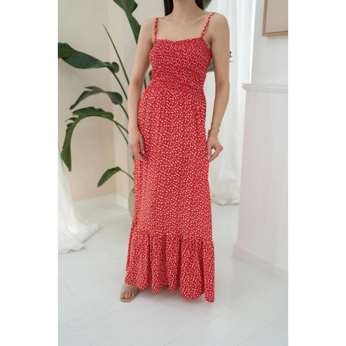 Kırmızı Eteği Fırfırlı Elbise